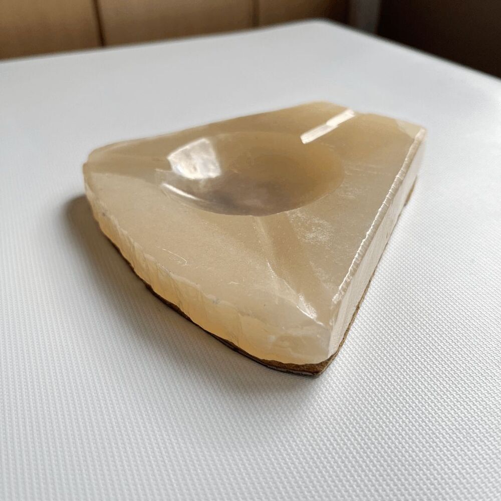 Vintage Natural Edge Carved Onyx Dish / Ashtray with Suede Backing